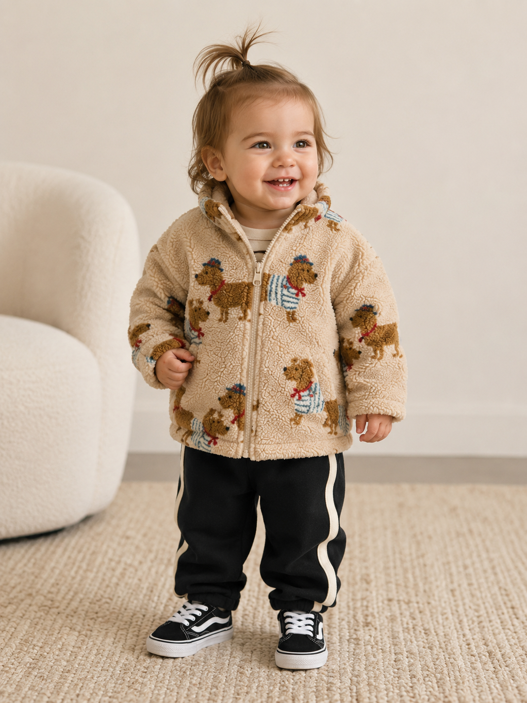 dog print sherpa fleece jacket