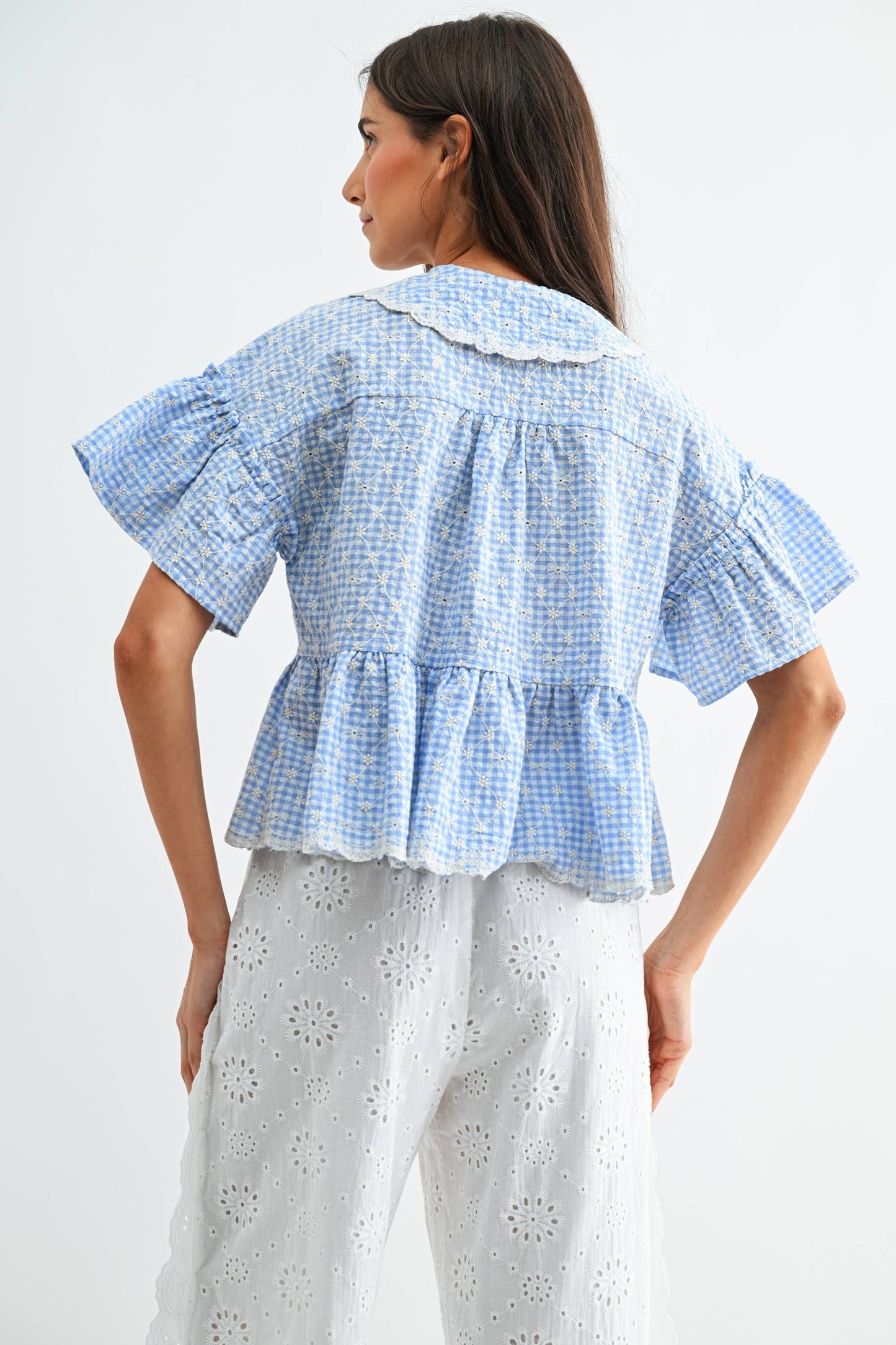 gingham embroidered peplum blouse