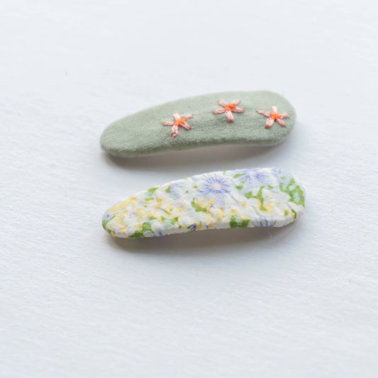 embroidered hair snap clips - sage and flower