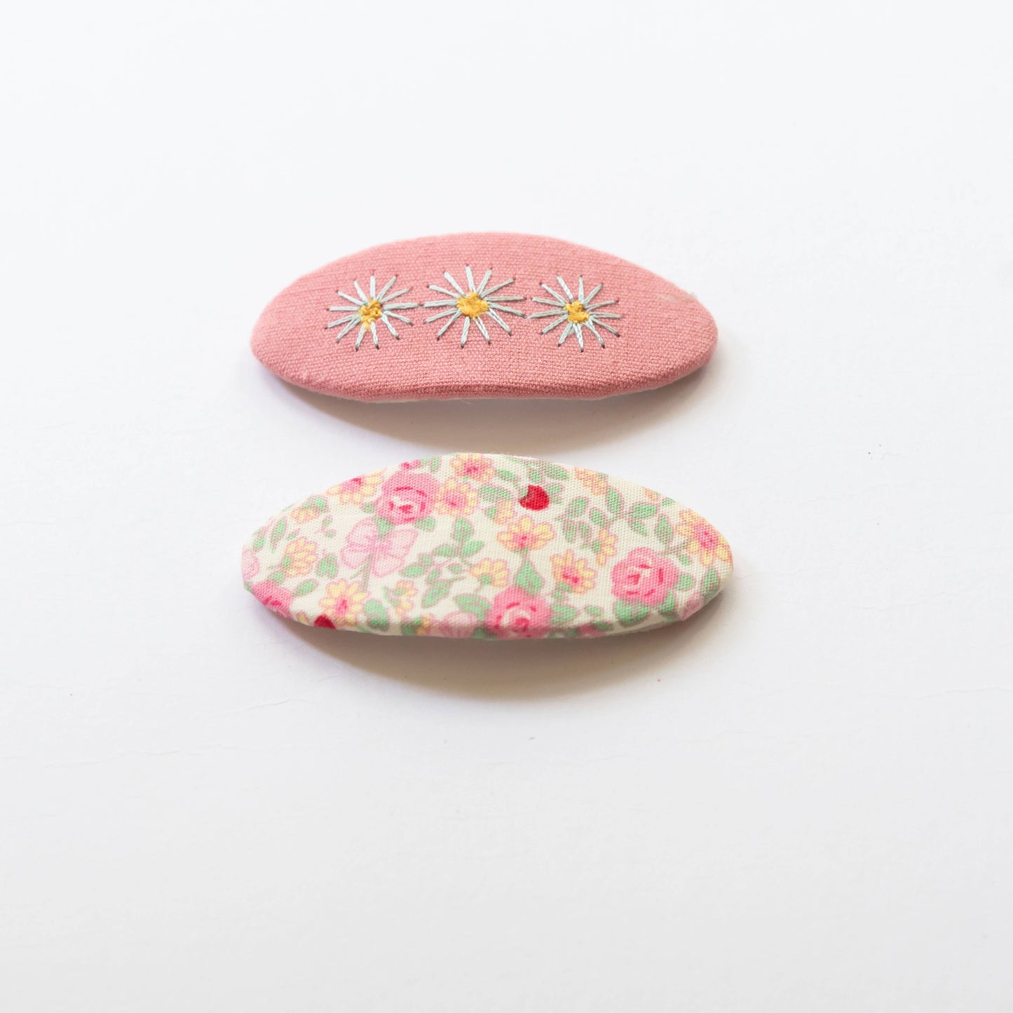 embroidered hair snap clips - coral pink and flowers