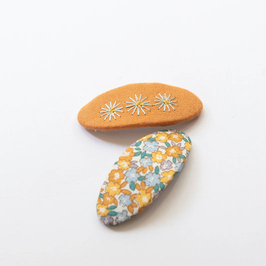 embroidered hair snap clips - orange and flowers