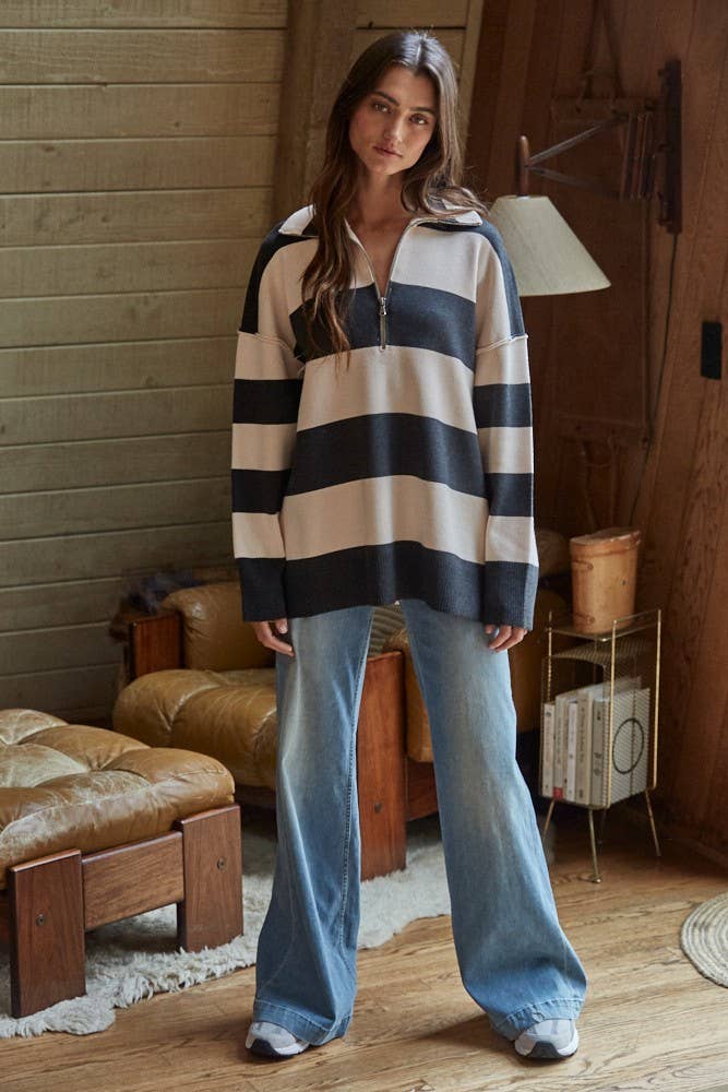 knit striped turtleneck half zip
