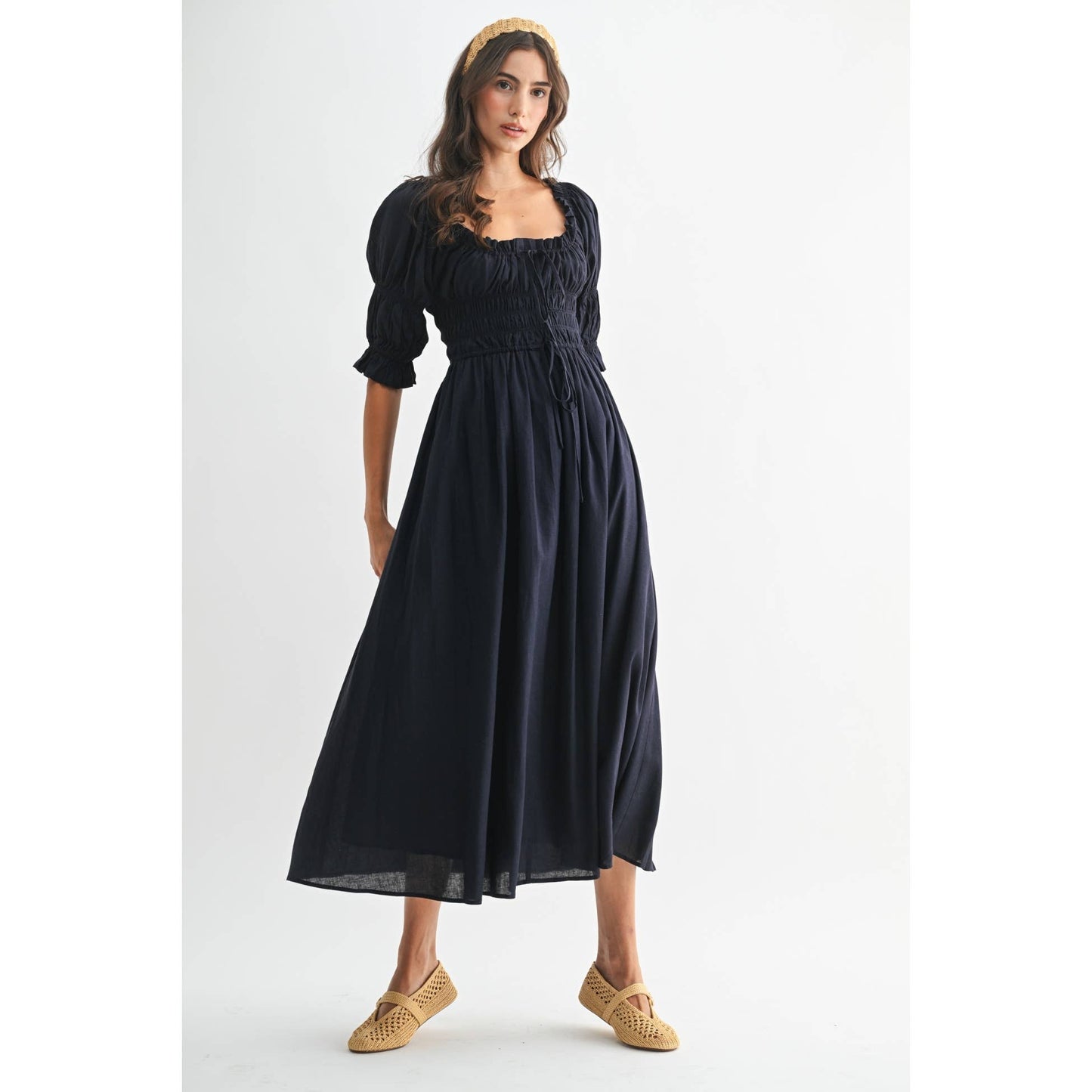 smocked midi dress