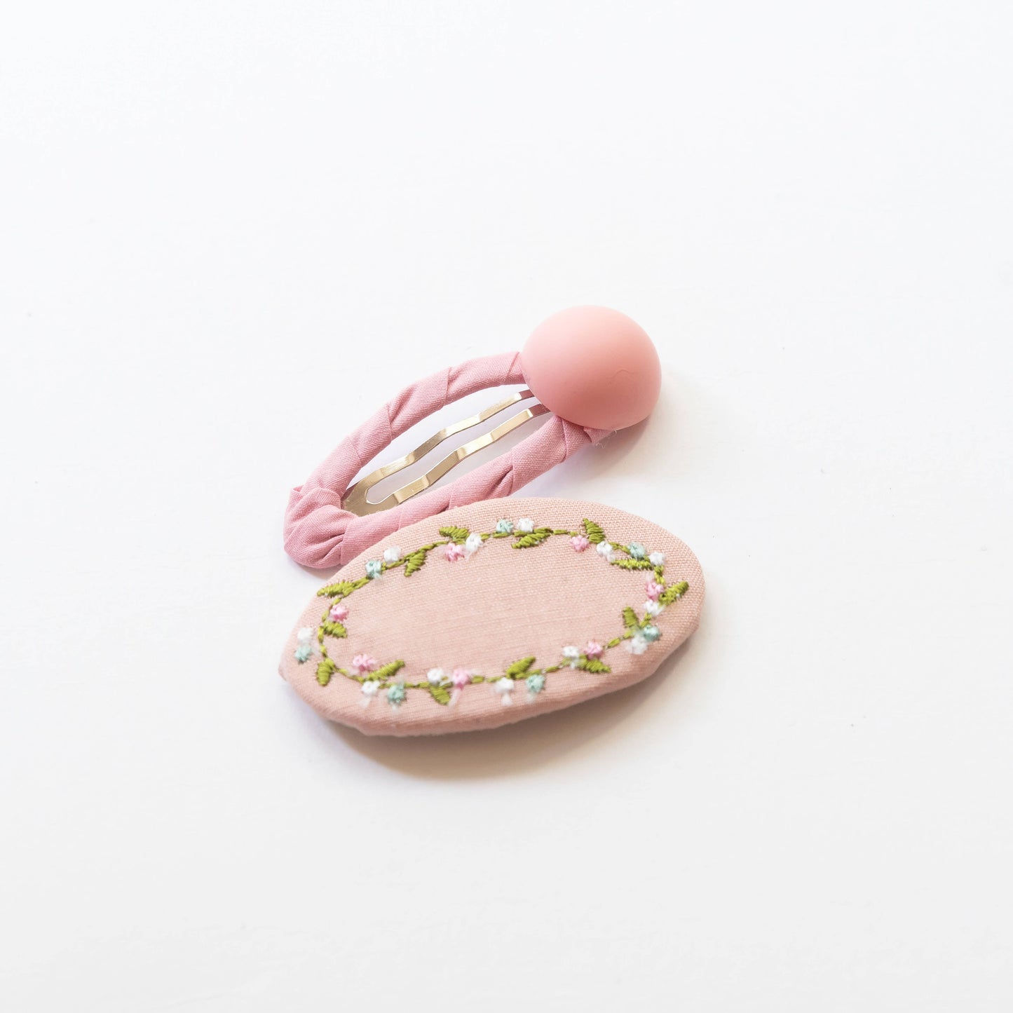 embroidered hair snap clips - light pink and flowers