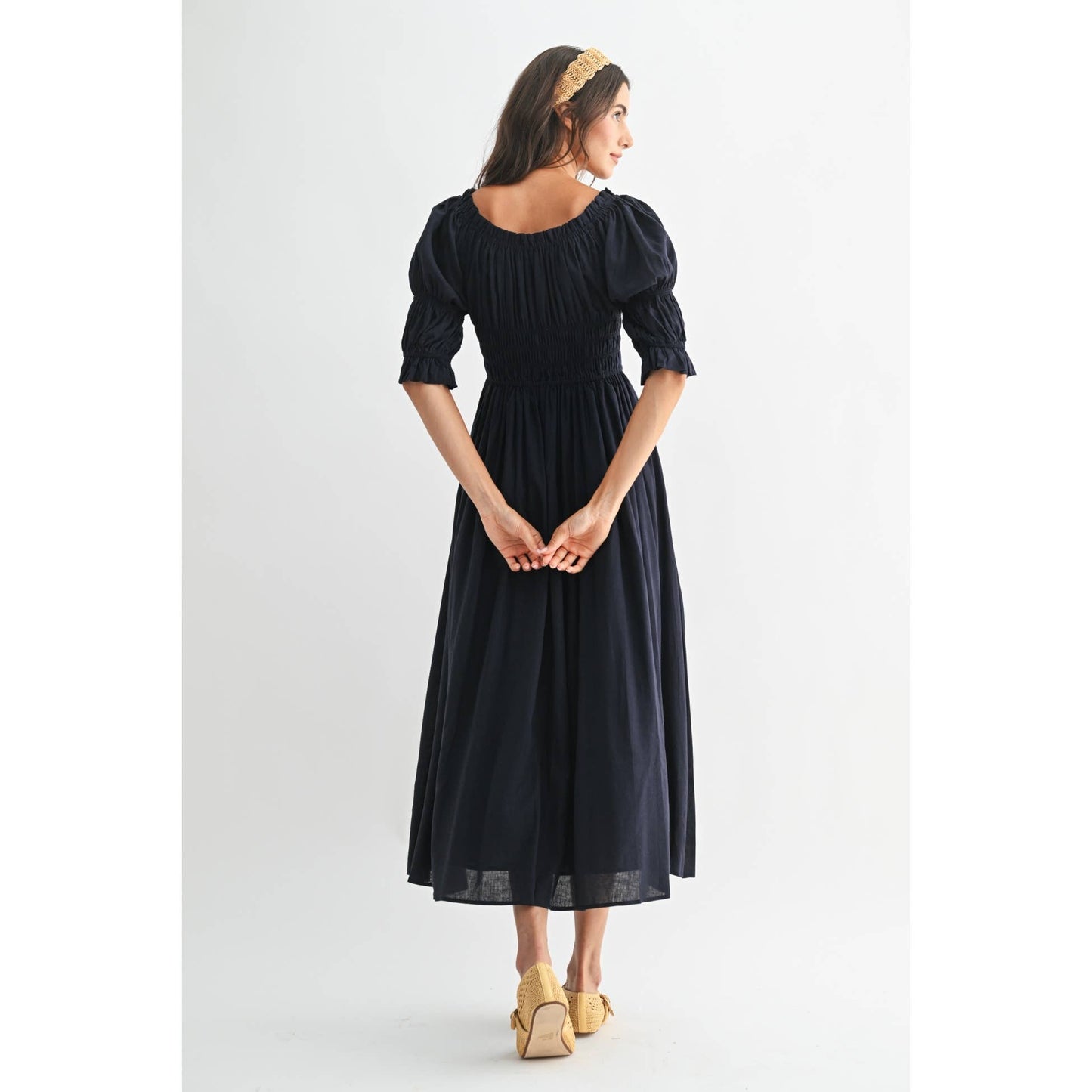 smocked midi dress