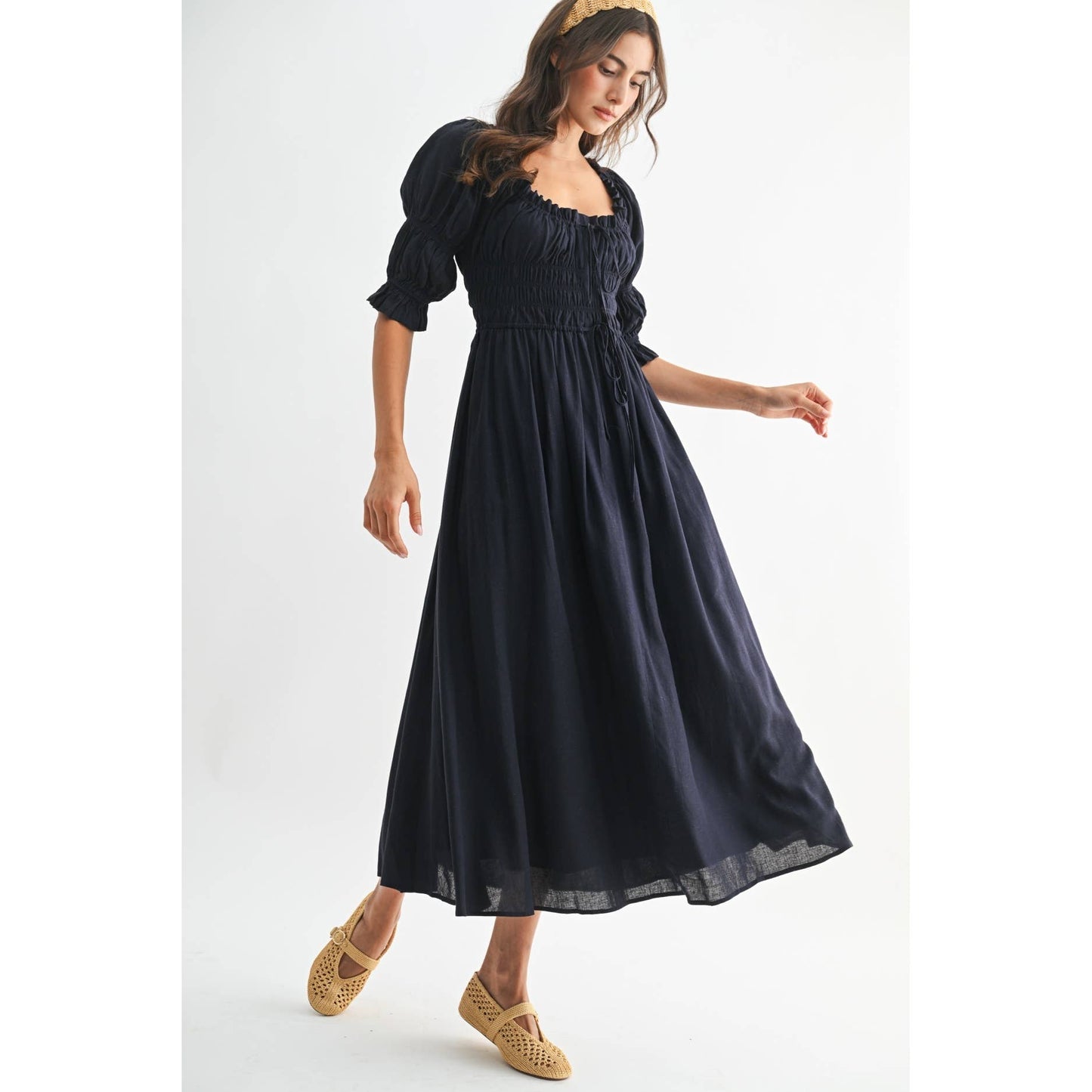smocked midi dress