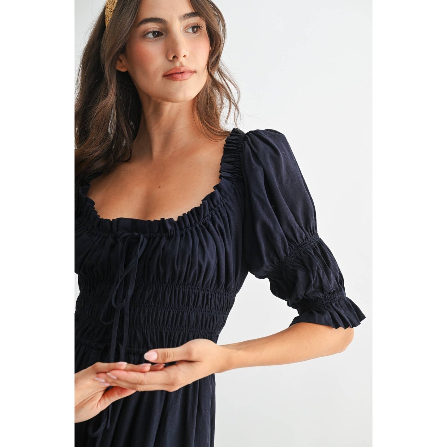 smocked midi dress
