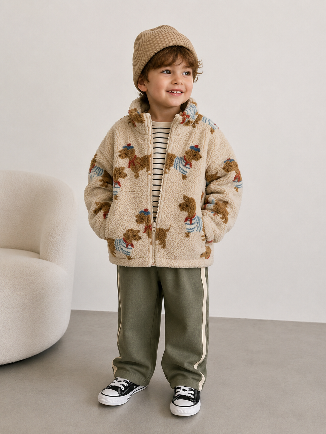 dog print sherpa fleece jacket