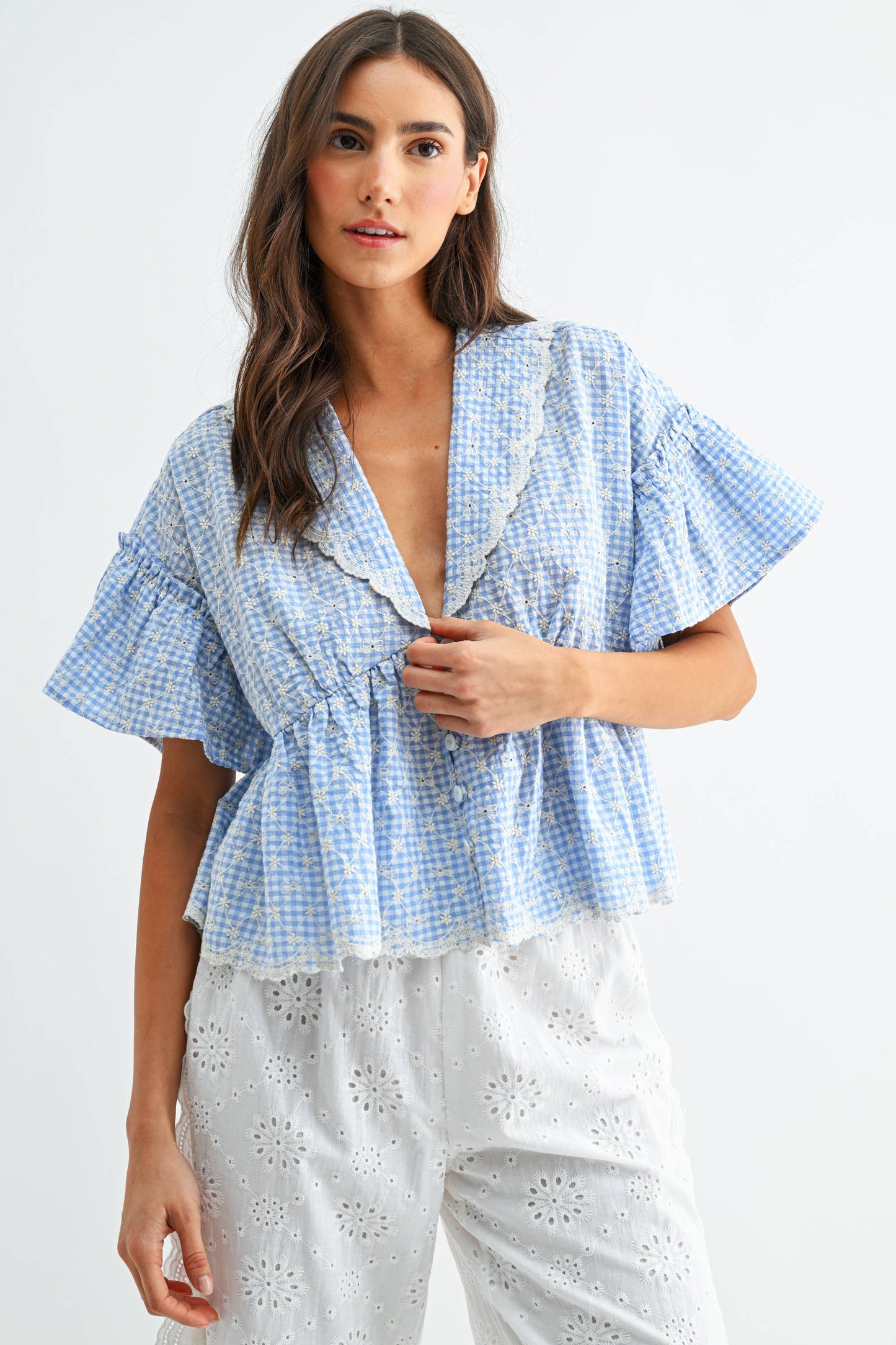 gingham embroidered peplum blouse