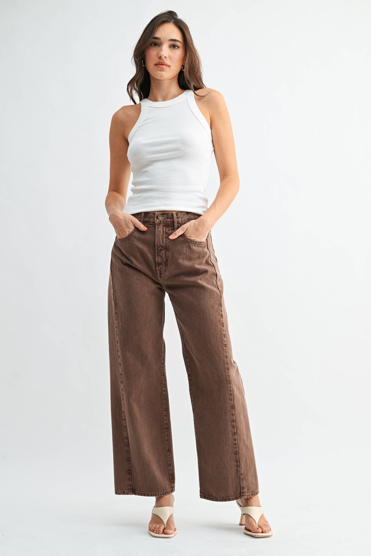 high rise twist seam barrel jean