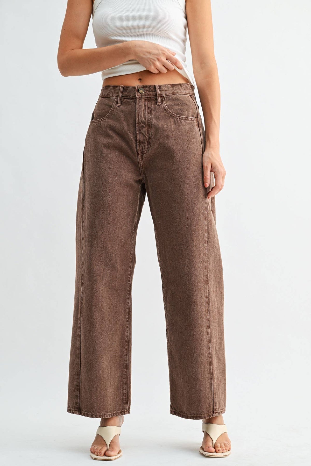 high rise twist seam barrel jean