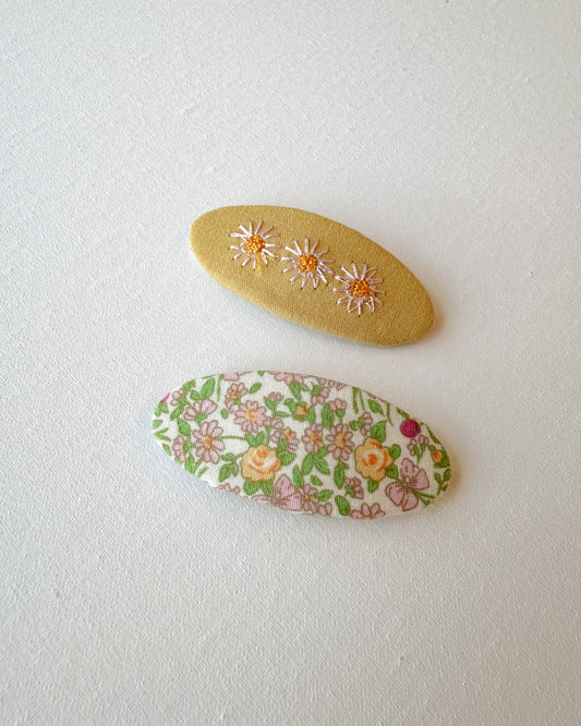 embroidered hair snap clips - pastel yellow and fllowers