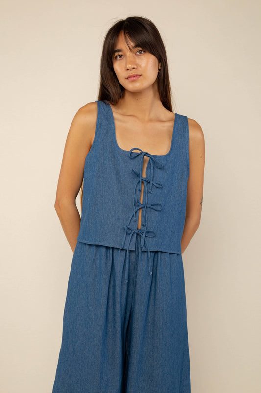 denim tie top | cotton woven tank