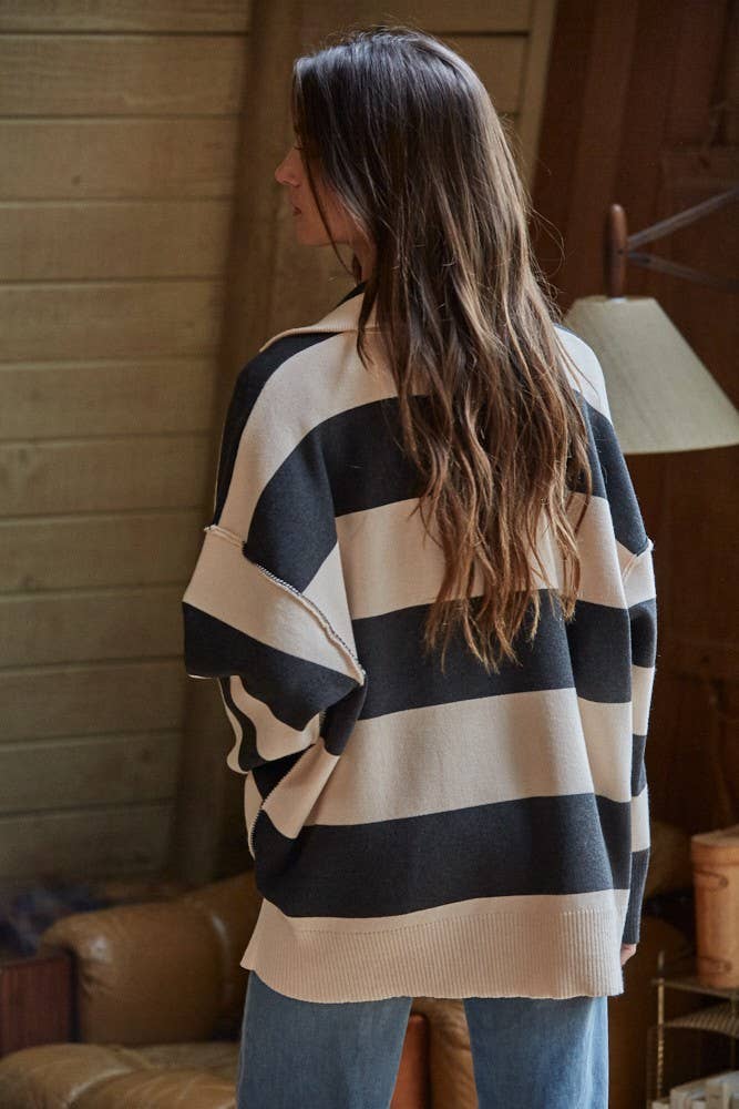 knit striped turtleneck half zip