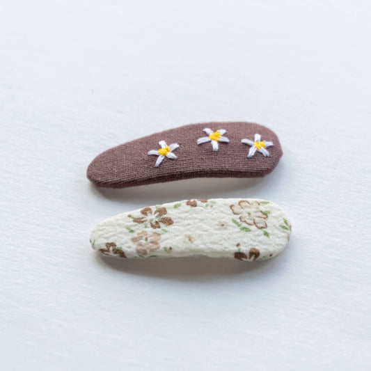 embroidered hair snap clips - brown and beige