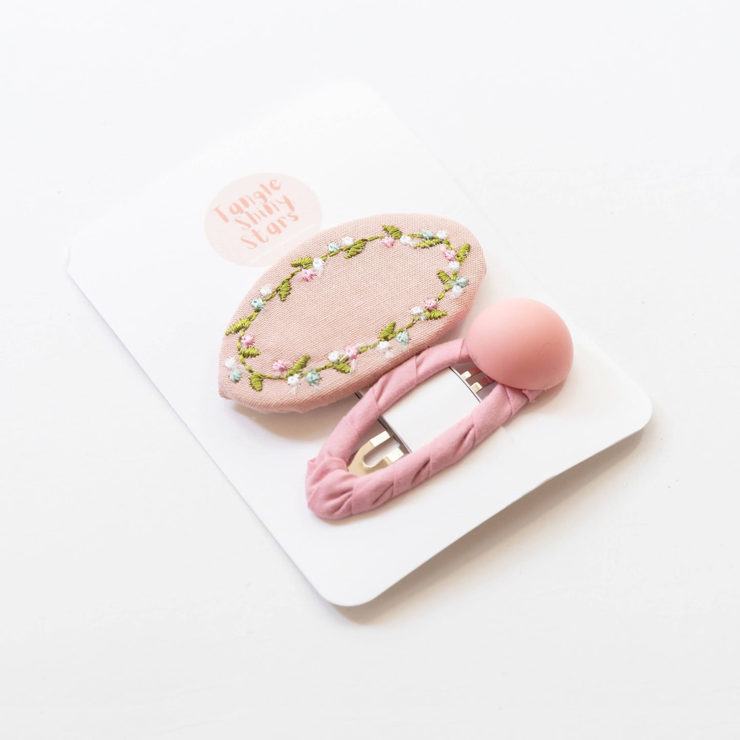 embroidered hair snap clips - light pink and flowers