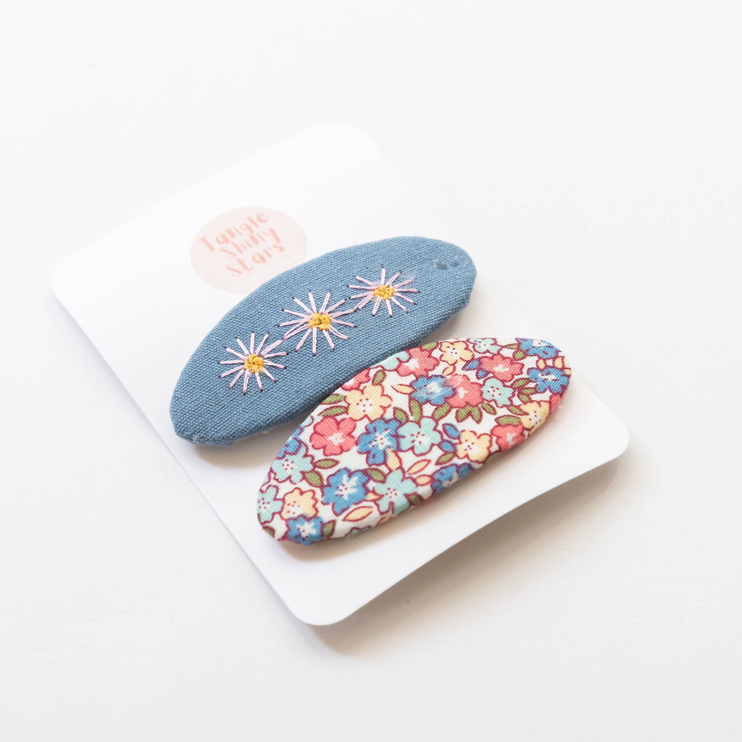 embroidered hair snap clips - blue and flowers