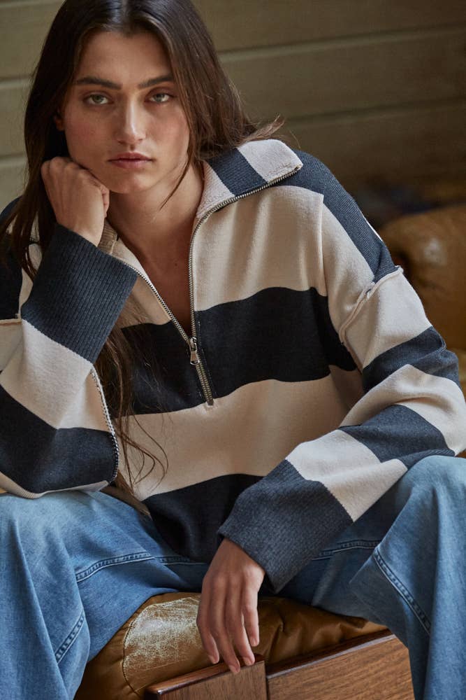 knit striped turtleneck half zip