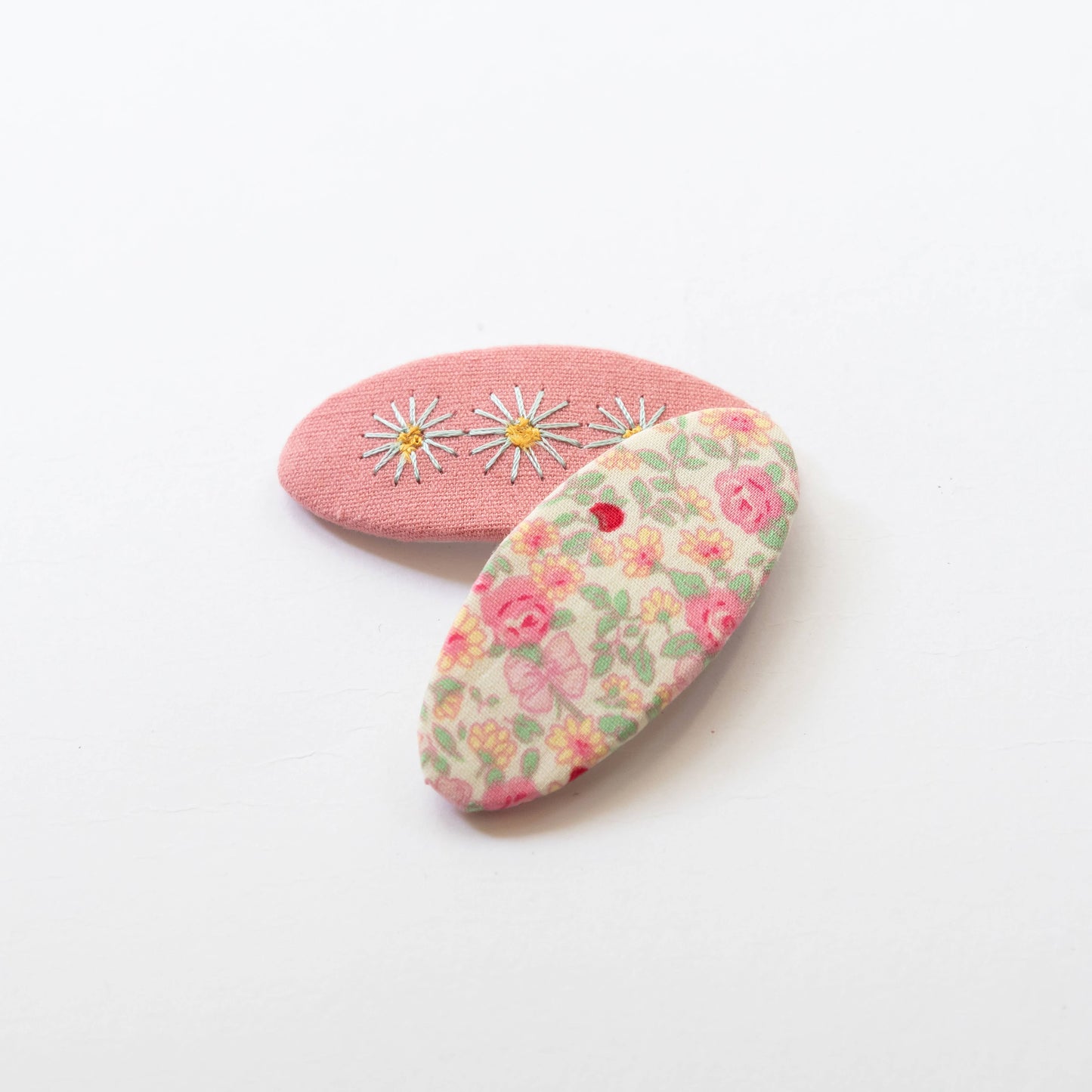 embroidered hair snap clips - coral pink and flowers